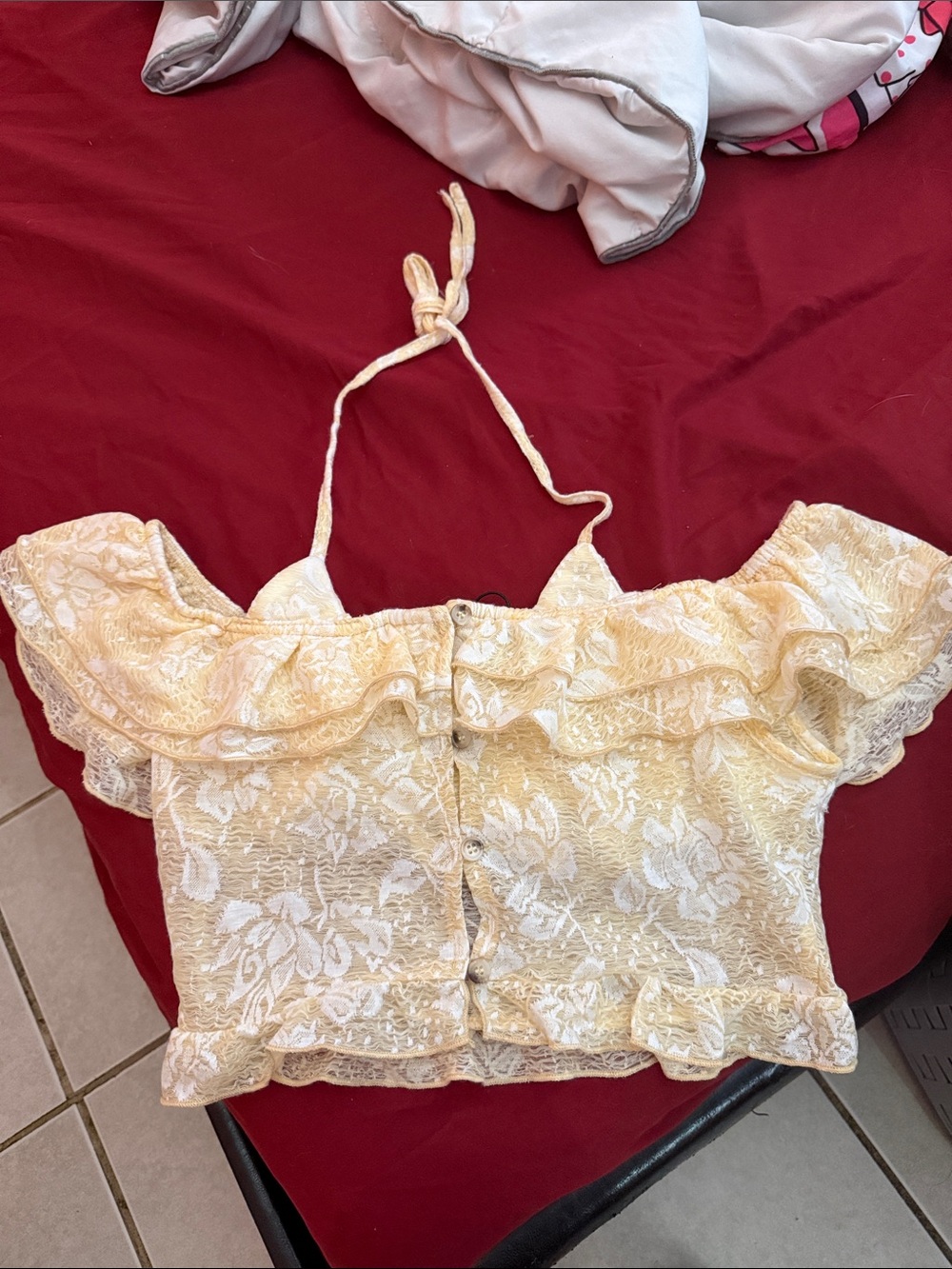 Cider Cream Lace Ruffle Off-Shoulder Crop Top